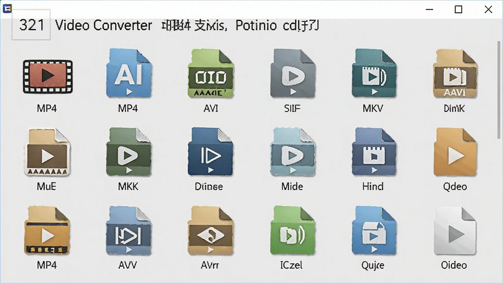 321 Video Converter格式支持界面,界面显示多种视频格式图标,如MP4、AVI、MKV等,排列整齐,背景为浅灰色,简洁清晰,高清画质,无多余元素