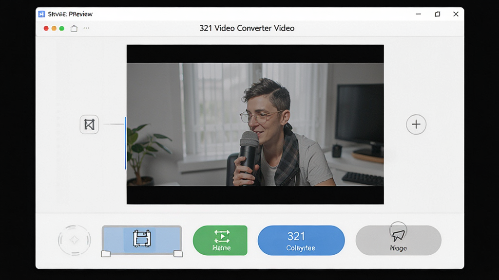 321 Video Converter视频编辑功能展示,界面显示对视频进行裁剪和旋转操作,预览窗口清晰,功能按钮布局合理,背景干净,画质高清,无多余元素