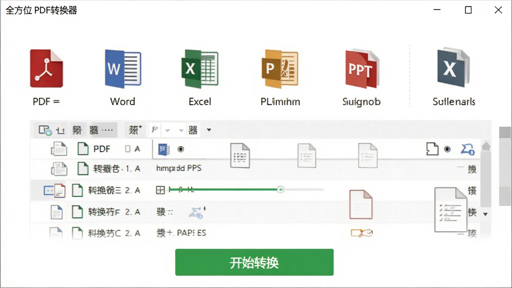 展示全方位PDF转换器格式转换功能的操作界面,主体是软件功能面板,上面排列着PDF转Word、Excel、PPT等图标,中间有一个文件列表显示转换进度,下方是开始转换按钮,背景为纯白,布局简洁,风格商务,细节清晰,画质干净