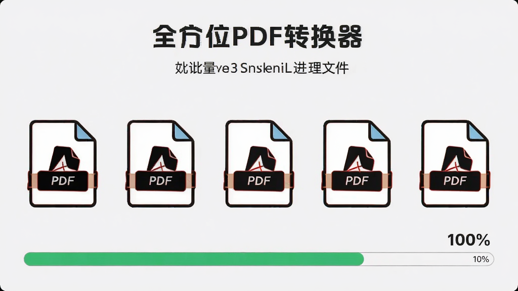 展示全方位PDF转换器批量处理文件的数量进度条,主体是多个PDF文件图标依次排列,下方有进度条显示100%完成,背景为淡灰色,布局整齐,风格简约,细节丰富,画质干净