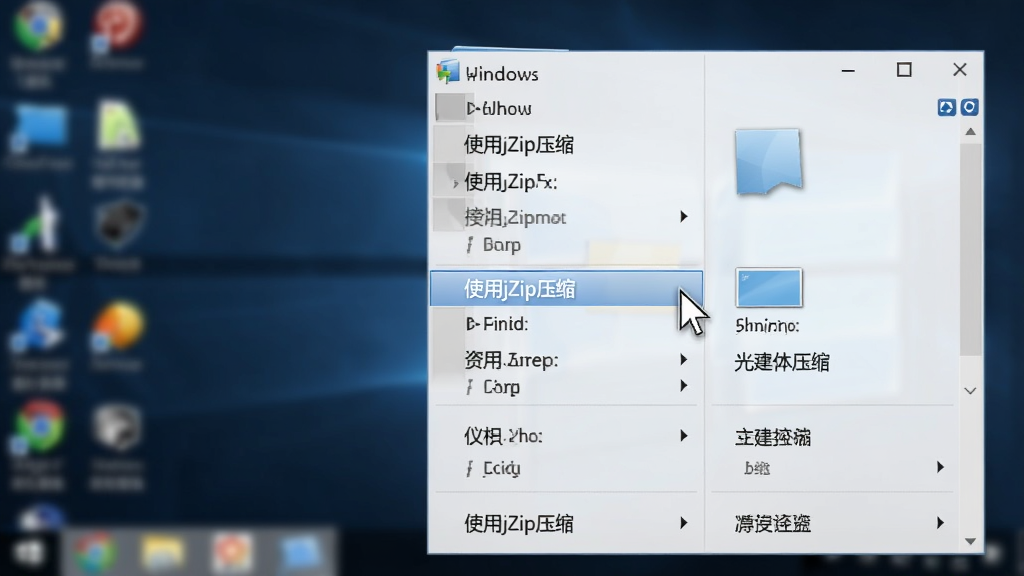 Windows资源管理器右键菜单截图,菜单中高亮显示“使用jZip压缩”选项,背景为桌面壁纸模糊效果,鼠标指针指向该选项,整体画面清晰,文字锐利,风格写实,干净无多余元素
