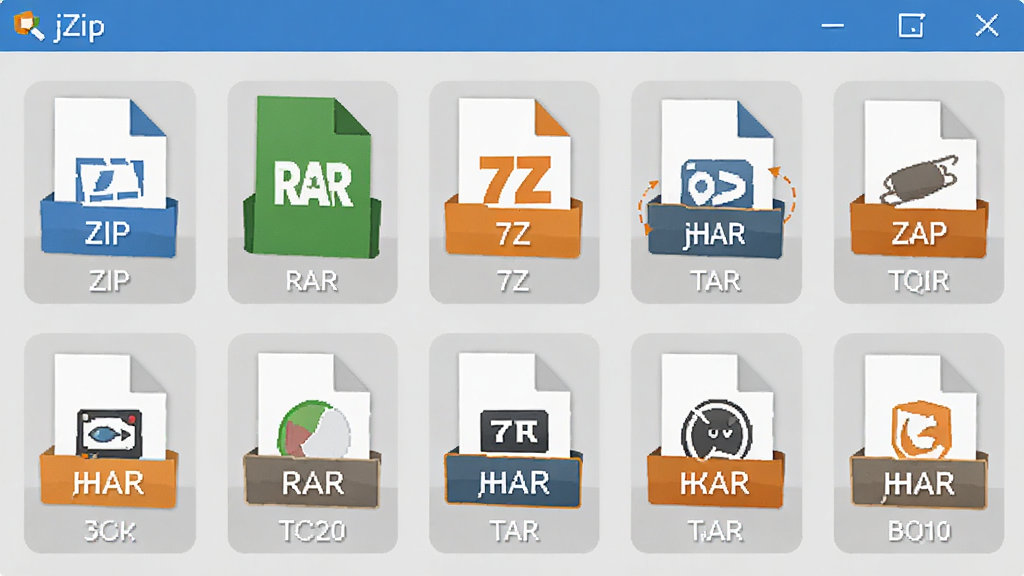 jZip软件功能示意图,界面展示多种压缩格式图标排列,包括ZIP、RAR、7Z、TAR等,背景为浅灰色,每个图标下方标注格式名称,整体布局整齐,风格扁平化,蓝色与橙色点缀,画质干净清晰