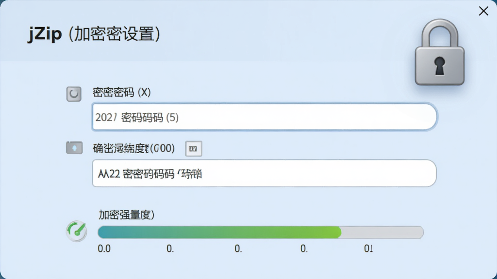 jZip加密设置界面,显示密码输入框与确认密码框,背景为淡蓝色,锁形图标悬浮在右上角,下方有加密强度指示条,整体界面简洁,文字提示清晰,风格专业且干净