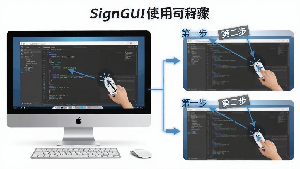 SignGUI使用教程步骤图,主体为电脑屏幕显示软件操作界面,布局分步展示鼠标点击动作,排版清晰,风格教学示意图,细节标注“第一步”“第二步”文字,画质高,干净无多余元素