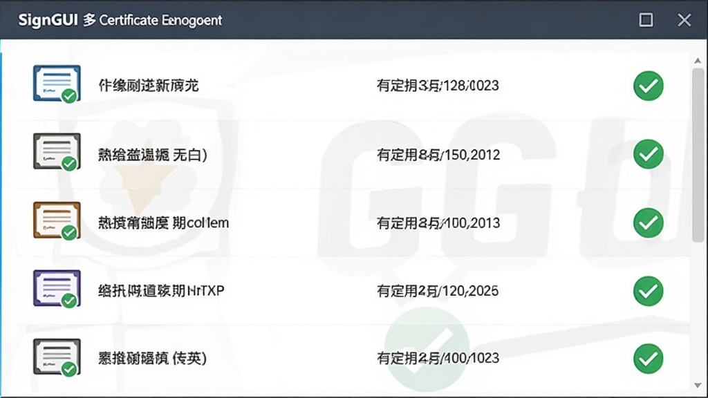 SignGUI多证书管理界面,主体为证书列表窗口,显示多个证书名称和有效期,布局纵向排列,排版简洁,风格商务化,细节包含证书图标和绿色对勾标识,画质清晰,干净无多余元素
