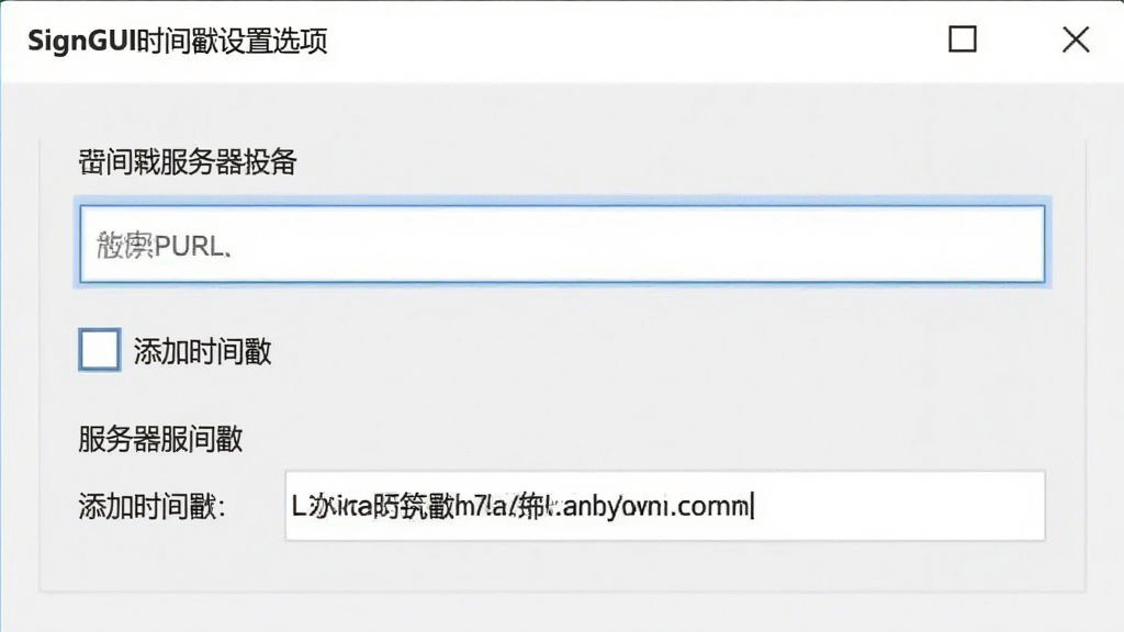 SignGUI时间戳设置选项,主体为软件设置界面中的时间戳服务器输入框,布局简洁,排版规整,风格浅色背景,细节包含“添加时间戳”复选框和服务器URL示例,画质干净,无多余元素