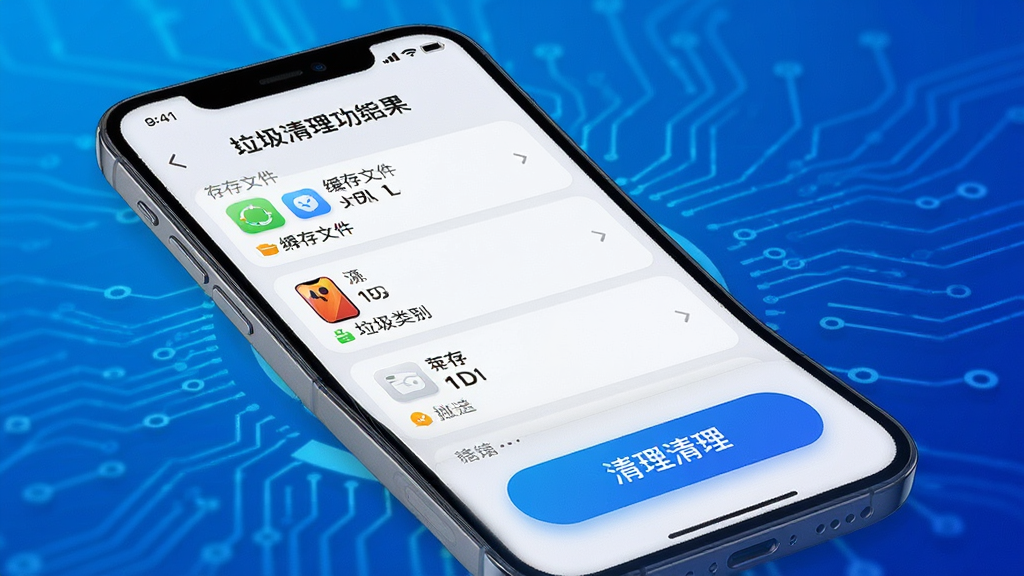 闪电苹果助手垃圾清理功能演示,手机屏幕显示扫描结果列表,包含缓存文件大小、垃圾类别图标,背景为渐变蓝色科技风格,界面干净明亮,突出清理按钮,画质精细,无多余元素