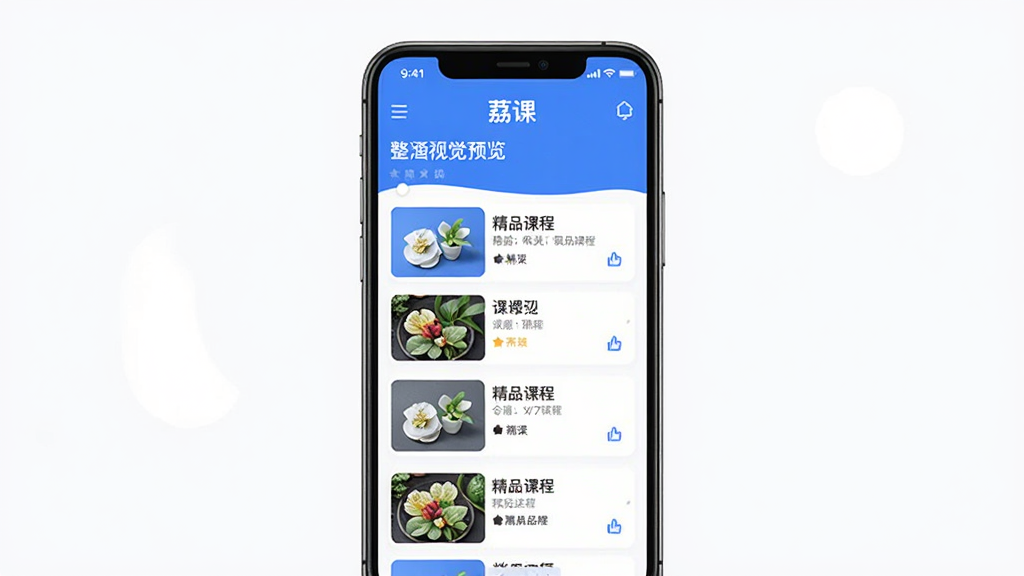 荔课app整体视觉预览,主体为手机屏幕展示课程列表界面,布局居中,排版清晰,采用扁平化设计风格,主色调为蓝色与白色,画质高清,干净无多余元素,文字标识