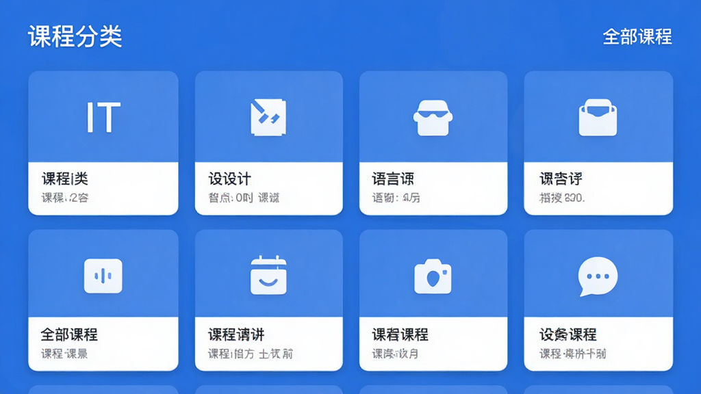 荔课课程分类界面展示,主体为网格状排列的课程卡片,包含IT、设计、语言等图标,布局整齐,排版美观,采用蓝色主色调的扁平化设计,画质清晰,干净无多余元素,文字标识