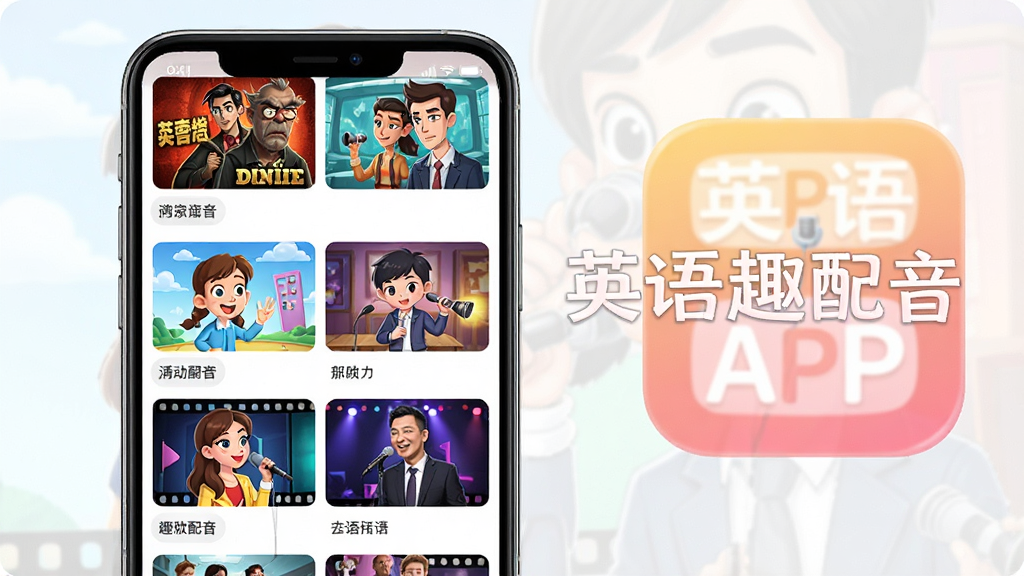 英语趣配音APP内容库界面预览图,手机屏幕展示纵向排列的多个视频封面缩略图,包含电影、动画、歌曲等分类标签,封面色彩鲜艳,界面右侧有醒目的“英语趣配音”APP名称水印,布局清晰,风格清新明亮,画质细腻干净,无多余文字