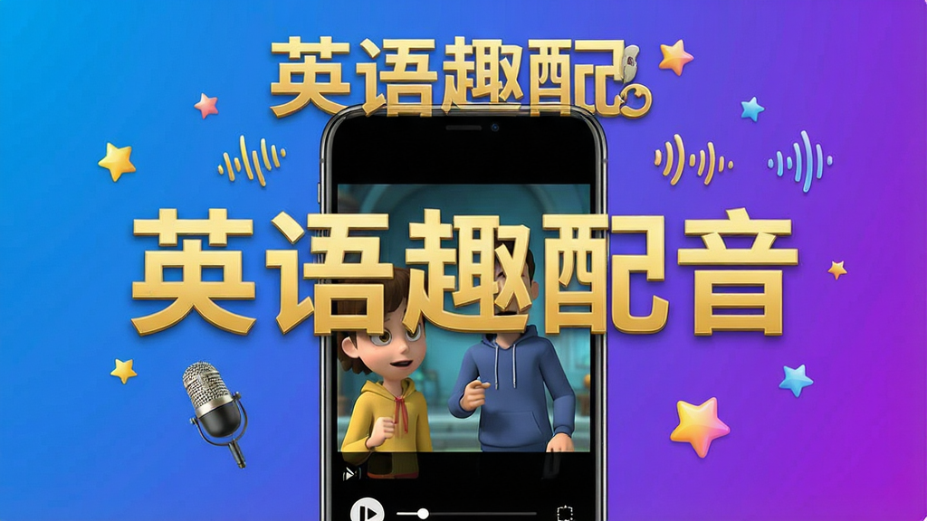 一张展示英语趣配音软件核心功能的宽幅宣传横幅,主视觉是智能手机屏幕内播放着热门动画电影配音画面,屏幕周围悬浮着“英语趣配音”金色艺术字和麦克风、音波、星星等元素,背景为活力蓝紫渐变,整体布局居中对称,风格现代简约,细节丰富,画质高清干净,无多余杂物