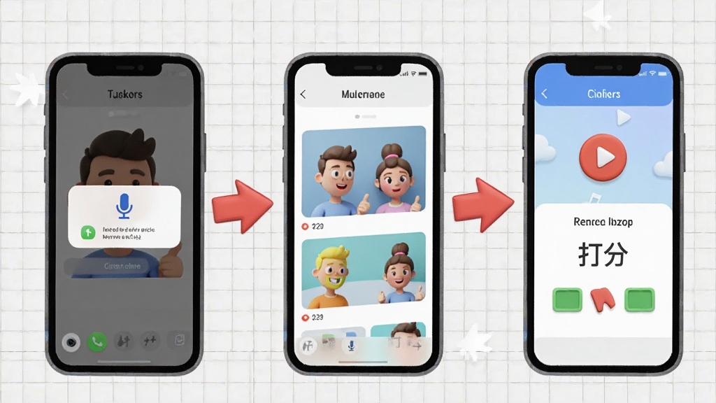 英语趣配音APP使用教程步骤图,以3D卡通插画风格展示手机屏幕依次出现授权麦克风弹窗、选择配音素材页面、录音完成打分页面,三个步骤以斜向排列,带有红色箭头指引,背景为浅灰色网格纸纹理,风格简洁明快,画质干净清晰