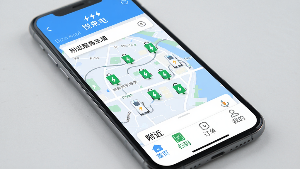 一张智能手机屏幕展示悦来电APP主界面,界面清晰显示附近充电桩地图分布、绿色充电桩图标、底部导航栏包含首页、扫码、订单、我的,整体UI设计现代简洁,色调以蓝白为主,画质干净,无多余元素,呈现出专业充电服务应用的视觉效果