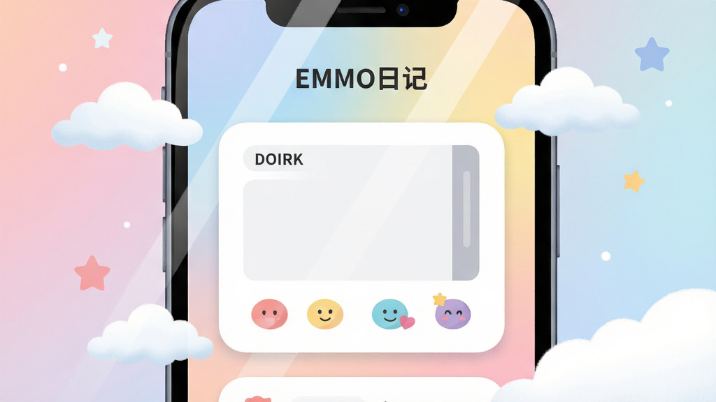 画面主体为一部亮屏的智能手机,屏幕中清晰展示“EMMO日记”应用主界面,界面以柔和渐变底色,中央有一个简约的日记编辑框与彩色心情图标。布局采用手机居中特写,周围漂浮着轻柔的云朵与星星元素,营造治愈氛围。排版干净留白,风格为扁平插画与轻微噪点质感结合,细节包括屏幕反射微光与界面圆角卡片,画质高清干净无多余元素。