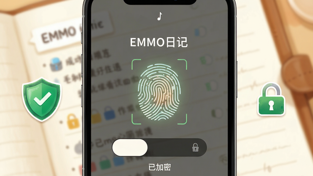 画面主体为一部手机,屏幕显示“EMMO日记”的指纹解锁界面,背景为模糊的日记列表。布局采用手机居中,旁边有绿色盾牌与锁形图标点缀。风格为写实与插画结合,科技感与温馨感并存。细节包括指纹光效、锁屏滑块与“已加密”字样标签。画质高清,干净无多余元素。