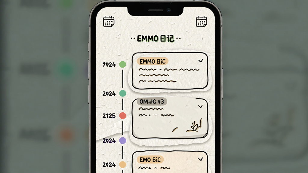 画面主体为手机竖屏显示“EMMO日记”的时间轴页面,左侧垂直排列日期与圆点,右侧为内容卡片。布局为上下滚动的时间线视觉,顶部有日历小图标。风格为简洁线性插画,配合纸张纹理背景。细节包括不同颜色的心情圆点、卡片圆角与时间标签。画质干净,无多余元素。