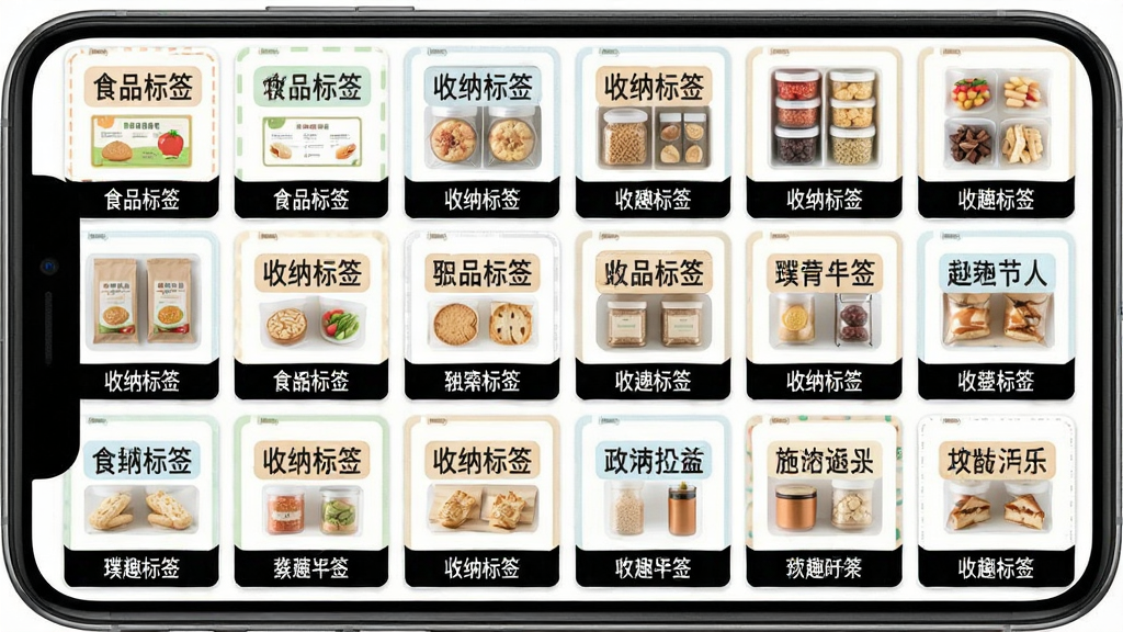 璞趣标贴打印模板选择界面截图,主体为手机屏幕展示数十种标签模板缩略图,整齐排列,布局为网格状,每个模板下方标注名称,风格清新明亮,细节显示“食品标签”、“收纳标签”等字样,文字清晰,画质干净,无多余元素。