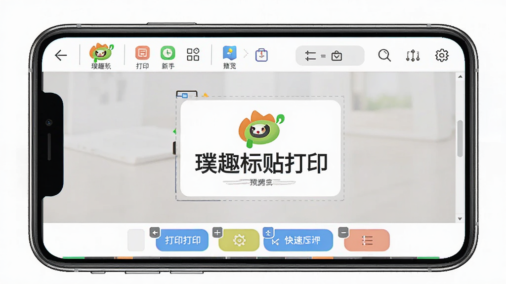 璞趣标贴打印软件主界面预览图,主体为一部智能手机屏幕显示标签编辑界面,布局清晰,上方为功能菜单栏,中间为标签预览区域,下方为快捷操作按钮,风格简洁现代,色彩明快,细节展示出软件图标和“璞趣标贴打印”字样,画质高清干净,无多余元素。