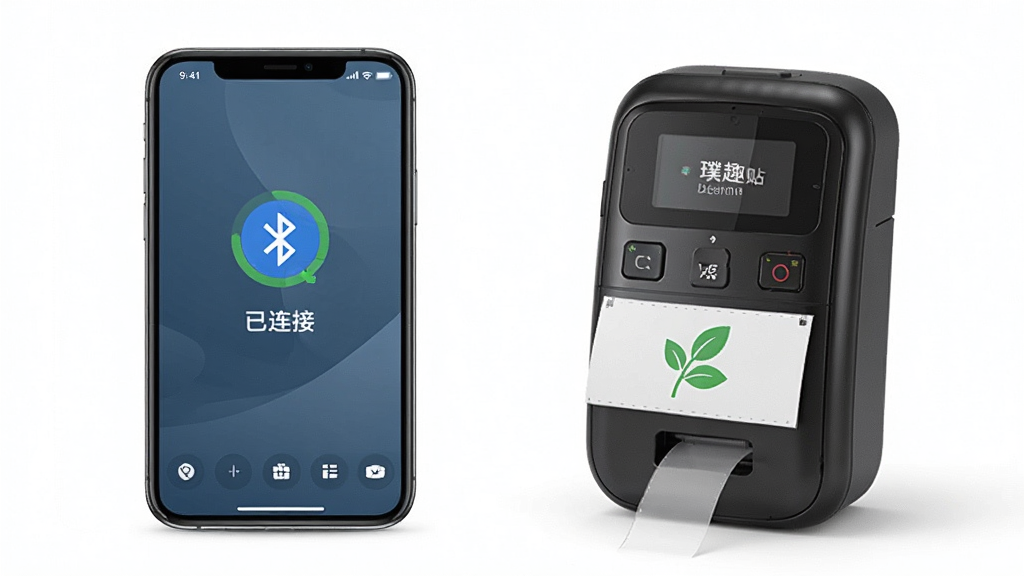 璞趣标贴打印蓝牙连接打印示意图,主体为一部手机和一台小型标签打印机,手机屏幕显示连接成功状态,布局为手机在左侧打印机在右侧,风格写实,细节展示蓝牙图标和“已连接”字样,画质清晰,背景干净,无多余元素。