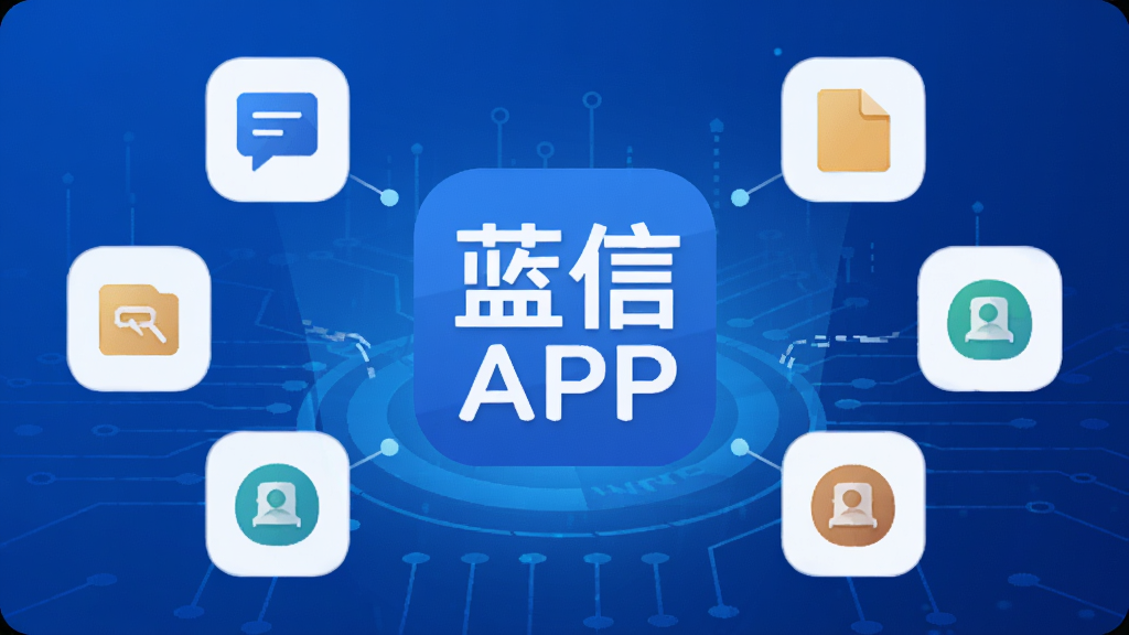 蓝信软件主视觉图,蓝色科技感背景,中间显示蓝信APP图标,周围环绕消息、文件、通讯录等简洁功能图标,整体布局清晰,扁平化设计风格,细节丰富,画质高清,干净无多余元素