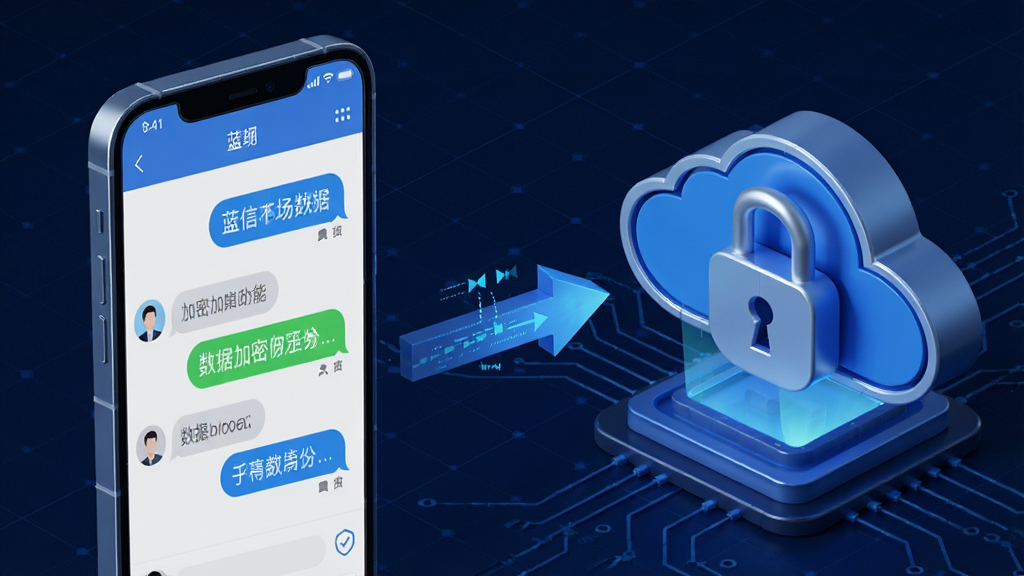 蓝信安全加密功能展示图,画面左侧为手机端对话界面,右侧为云端数据加密锁图标,中间有数据流向箭头,背景采用深蓝色科技网格,布局稳重,3D渲染风格,细节精致,画质清晰,干净无多余元素