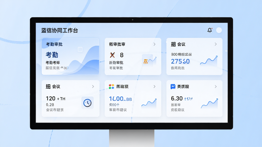 蓝信协同工作台界面预览图,屏幕内展示考勤、审批、会议等多个功能卡片,排列整齐,背景为浅蓝色渐变,风格简约商务,界面元素细腻,画质高清,干净无多余元素