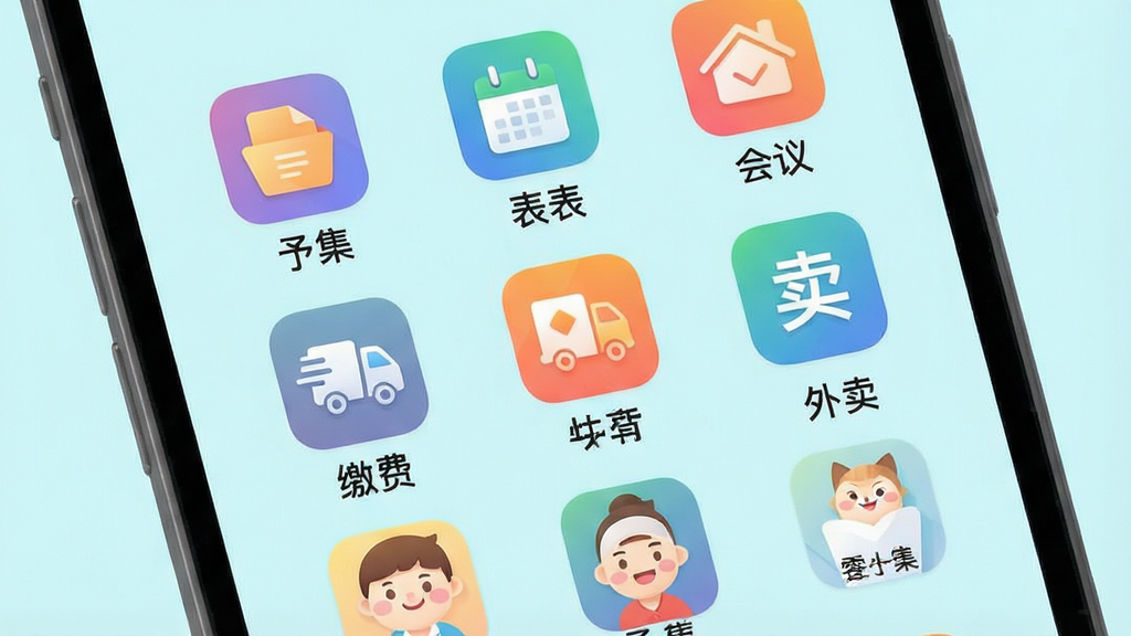 一幅扁平化风格的功能聚合展示图,主视觉为一台智能手机屏幕,屏幕内以九宫格布局整齐排列着“予集”的各项功能图标,包括文档、表格、会议、缴费、快递、外卖等,每个图标下方有中文标签,背景为清新的淡蓝色,图标以多彩渐变点缀,整体设计现代简洁,信息层级清晰,画质清晰,干净无多余元素。
