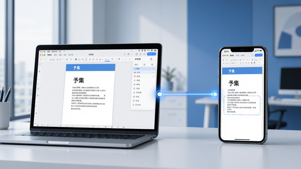 一张展示跨设备无缝办公的场景图,画面左侧是一台笔记本电脑,右侧是一部手机,屏幕上同时打开着一份相同的“予集”文档编辑界面,中间用发光的连接线表示数据同步,背景为现代简约的办公室环境,光线自然,色调以蓝白为主,强调专业与高效,画质细腻,干净无多余元素。