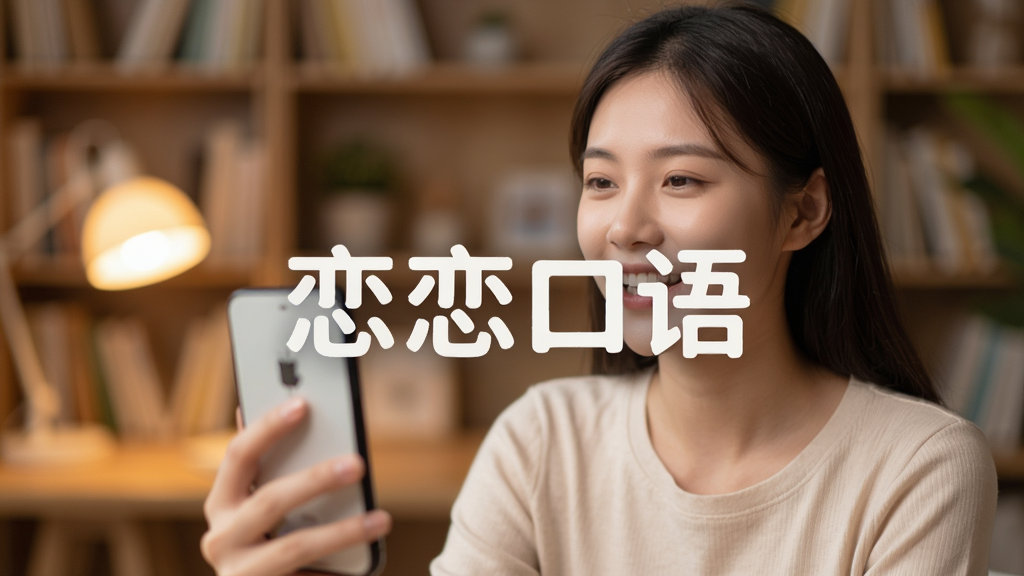 图片居中展示恋恋口语APP在手机上的主界面,界面风格清新简约,中央显示“恋恋口语”四个大字logo,背景是模糊的暖色调书房,一位年轻女性正对着手机微笑说话,画面充满互动感和学习氛围,画质高清,干净,无多余元素