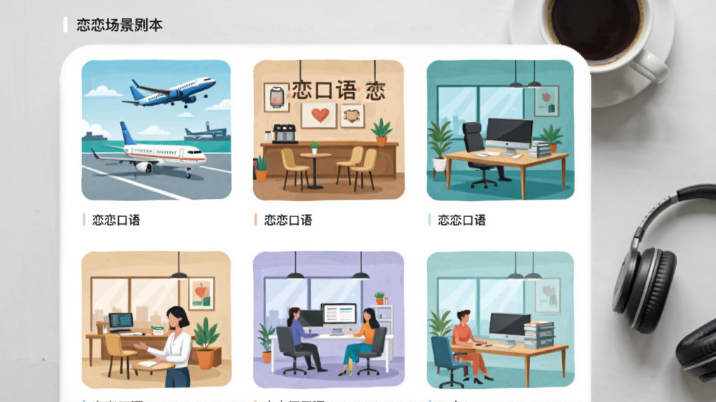 横屏展示恋恋口语APP的场景剧本列表,封面图包含机场、咖啡厅、办公室等插画元素,其中一张封面标注“恋恋口语”字样,界面布局清晰,背景为浅灰色桌面,摆放一杯咖啡和耳机,整体风格写实,画质清晰,干净