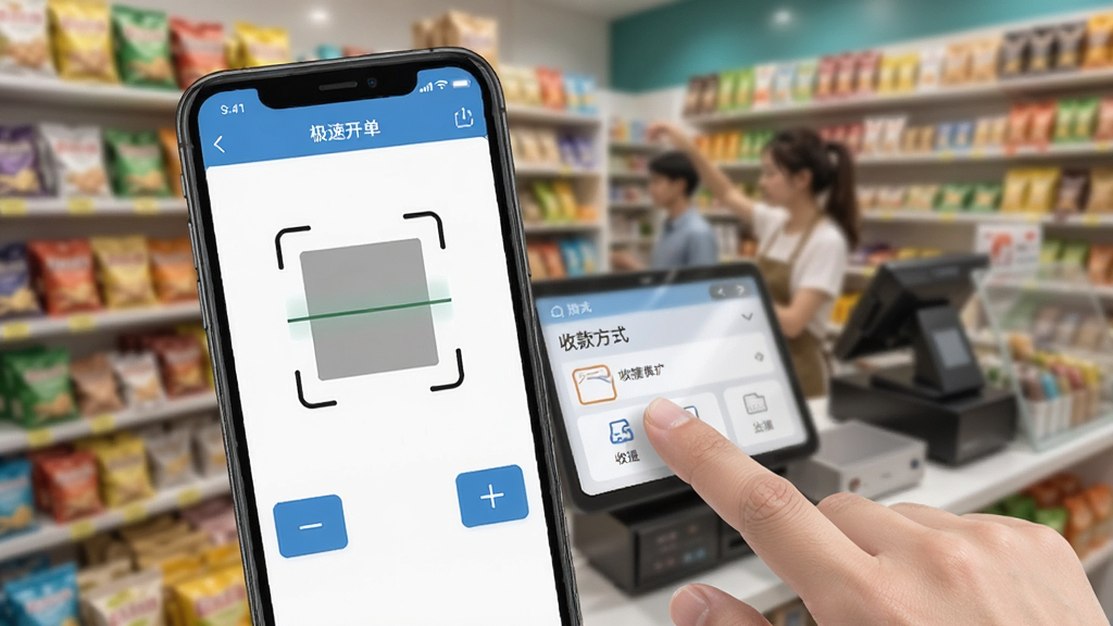 一张展示销售开单软件极速开单功能的截图,手机界面显示商品扫描框、数量加减按钮和收款方式选择区域,模拟手指点击完成交易的动态场景,背景虚化显示忙碌的店铺环境,整体布局清晰,强调快捷高效,画质干净无多余元素。