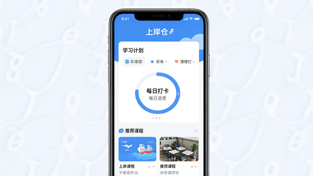 上岸仓APP主界面预览图,展示软件首页的学习计划模块、每日打卡进度环和推荐课程卡片,整体风格清新简约,以蓝色和白色为主色调,界面干净整洁,无多余元素,高画质,居中构图,排版清晰,软件名称“上岸仓”显示在屏幕上方,画面明亮,细节丰富,干净无杂物