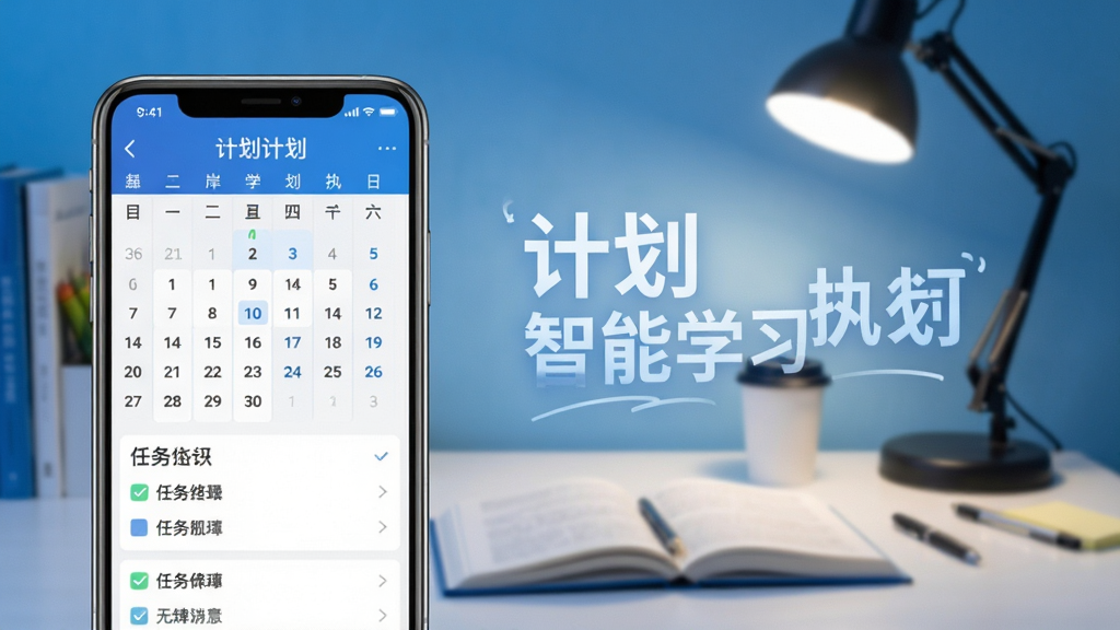 上岸仓智能学习计划功能展示图,前景为手机屏幕显示计划日历和任务清单,背景为模糊的书桌与台灯,突出“计划”与“执行”概念,画面采用蓝白清新色调,排版整洁,干净无多余元素,画质清晰,细节丰富