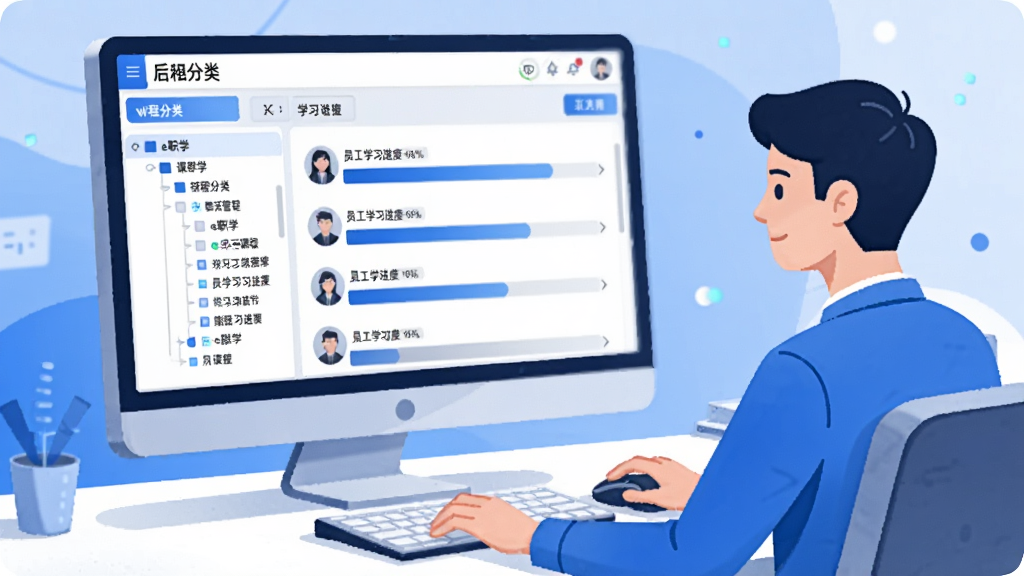 电脑屏幕显示e职学后台管理界面,左侧为课程分类树状图,右侧为员工学习进度百分比条,屏幕前一位培训管理员正在点击鼠标,画面色调以蓝白为主,科技感强,布局规整,扁平化插画风格,高分辨率,干净整洁
