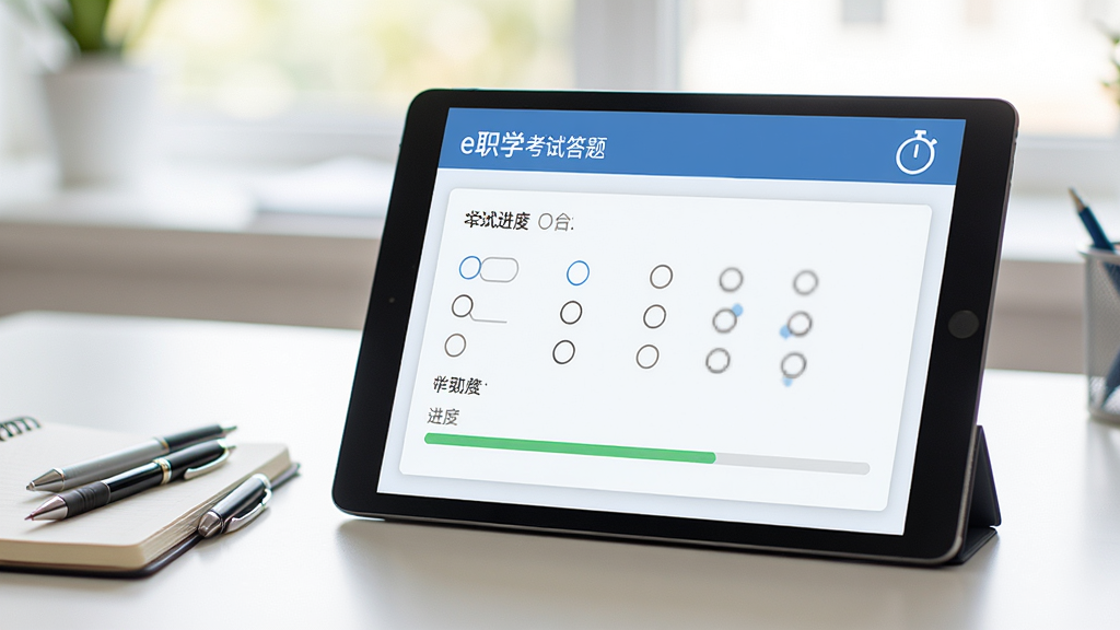 平板电脑展示e职学考试答题页面,屏幕上显示选择题和进度条,右上角有计时器图标,桌面上摆放着笔和笔记本,背景虚化处理,光线明亮柔和,写实摄影风格,画面清晰自然,无多余杂物
