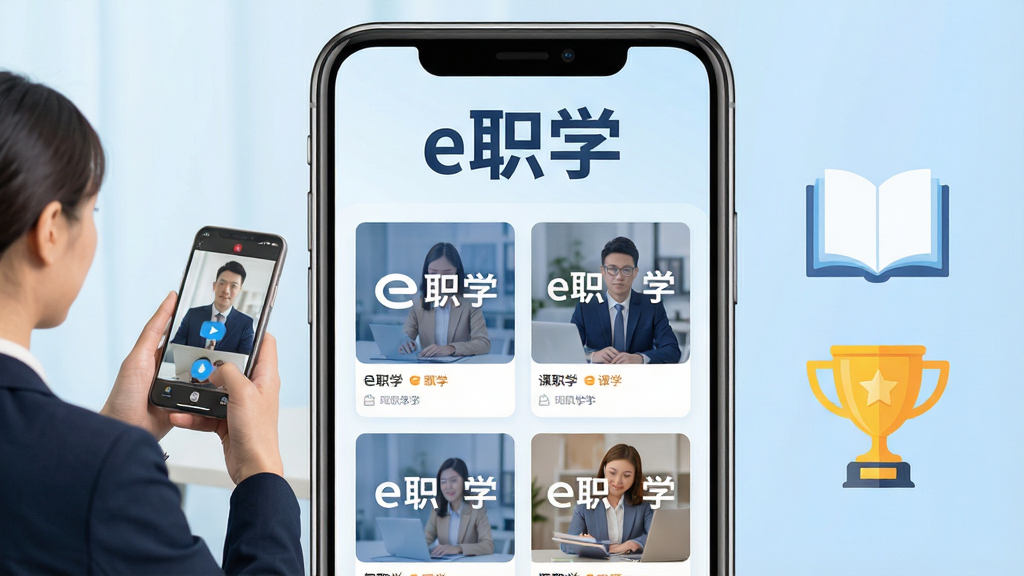 一个智能手机屏幕展示e职学应用界面,界面顶部显示“e职学”三个字,下方为课程列表封面图缩略图,背景为浅蓝色渐变,画面左侧有一名穿着职业装的员工正在用手机观看视频课程,右侧配有书本和奖杯图标,布局简洁大方,现代扁平化设计风格,细节丰富,高清画质,干净无多余元素