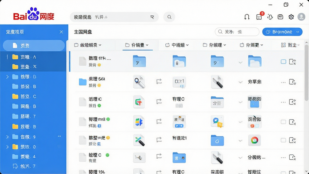 一张展示百度网盘软件主界面的高清产品预览图,布局清晰显示左侧文件分类导航栏与右侧文件列表区域,整体风格简洁现代,蓝白配色为主,界面明亮干净,细节丰富,画质清晰,无多余元素