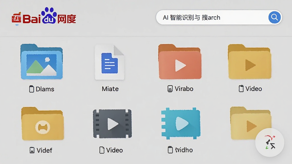 一张展示百度网盘文件分类管理功能的界面截图,画面中显示图片、文档、视频等分类文件夹图标,并突出AI智能识别与搜索框元素,布局整洁,风格扁平化,强调高效管理氛围,画质清晰,干净无多余元素