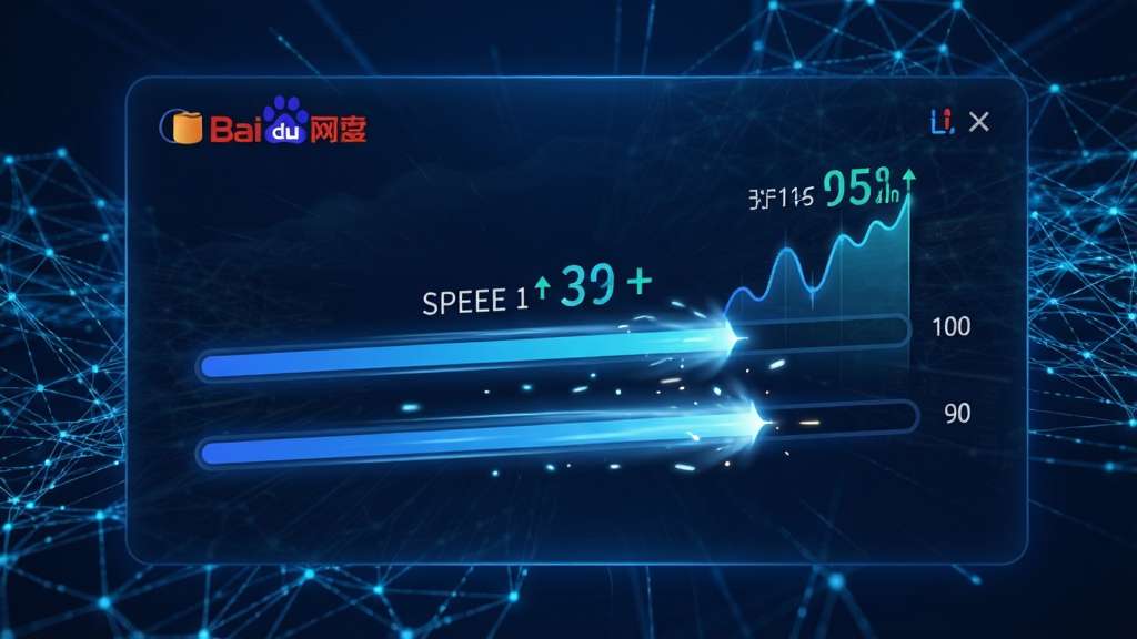 一张动态感十足的百度网盘文件高速上传与下载的界面预览图,画面中显示进度条快速前进以及速度数值飙升的动效,背景为抽象的网状传输线,科技感强,蓝色主色调,布局有张力,画质清晰,无多余元素