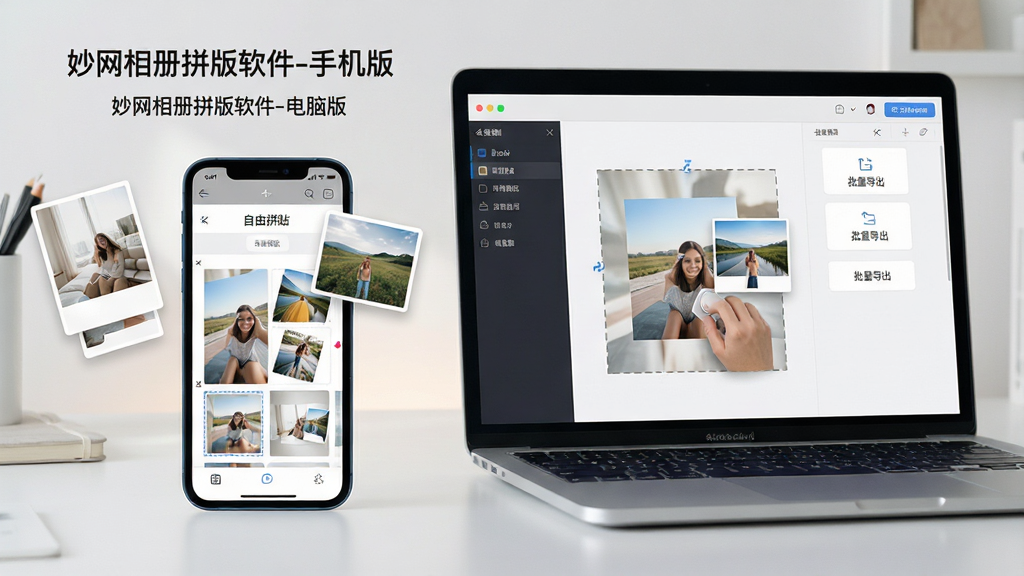 主体:一部智能手机与一台笔记本电脑并排摆放,屏幕上均显示妙网相册拼版软件的编辑界面,照片素材正被拖入相册模板。布局:手机在左侧,电脑在右侧,背景为简洁的工作台。排版:两设备屏幕朝向前方,视觉焦点集中在软件操作界面。风格:现代科技感,光线柔和。细节:手机屏幕显示“自由拼贴”功能,电脑屏幕显示“批量导出”选项,画面中漂浮着几张照片缩略图,分别标注“妙网相册拼版软件-手机版”和“妙网相册拼版软件-电脑版”字样。画质:超高清晰,色彩自然,画面干净,无多余元素。