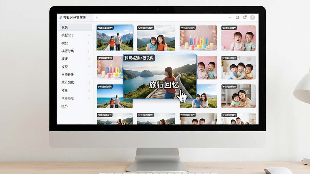 主体:电脑显示器上展示妙网相册拼版软件的模板选择界面。布局:界面左侧为模板分类列表,右侧为模板缩略图网格。排版:网格整齐排列,当前选中的模板被放大显示在屏幕中央。风格:清爽简洁的UI设计,浅色背景。细节:模板缩略图中包含旅行、生日、亲子等主题封面,封面左上角有“妙网相册拼版软件”小字标识,鼠标悬停在“旅行回忆”模板上。画质:高清,色彩鲜艳,画面干净,无多余元素。