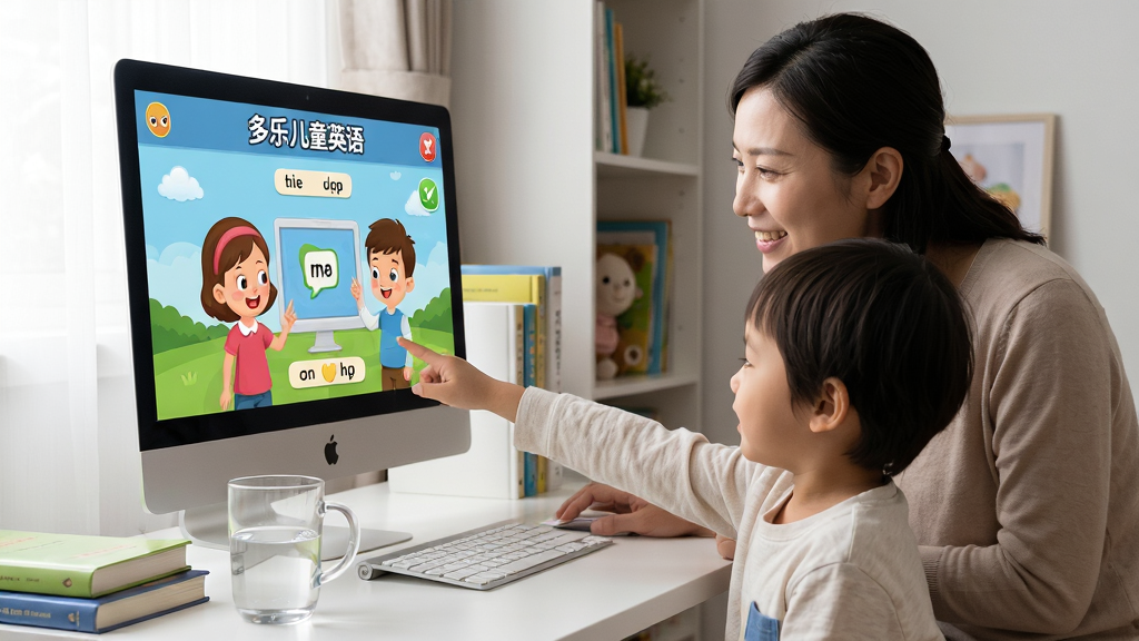 画面主体为家长和孩子一起在电脑前使用“多乐儿童英语”软件,电脑屏幕显示卡通课程界面,孩子用手指着屏幕跟读单词,家长在旁边微笑鼓励。布局采用侧面视角,画面温馨明亮,背景为简洁的家庭书房。排版自然,写实摄影风格,光线柔和,细节包括电脑桌上的水杯、书本,画质清晰干净,无多余元素。