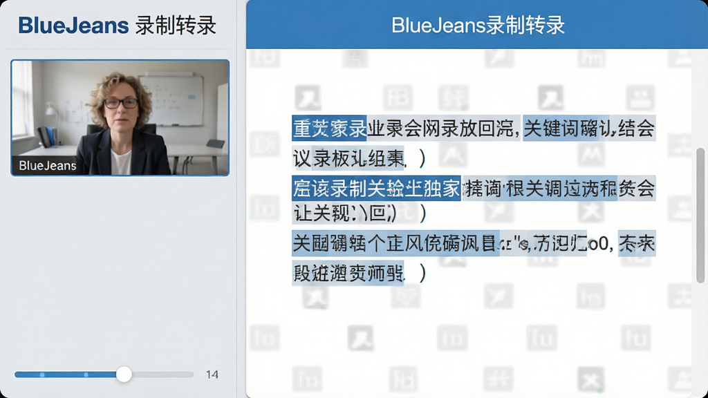 展示BlueJeans会议录制回放界面,左侧为视频进度条,右侧为自动生成的文字转录稿,高亮显示关键词,整体色调浅灰与蓝色相间,界面清晰,文字标注“BlueJeans录制转录”,画质干净,无多余元素