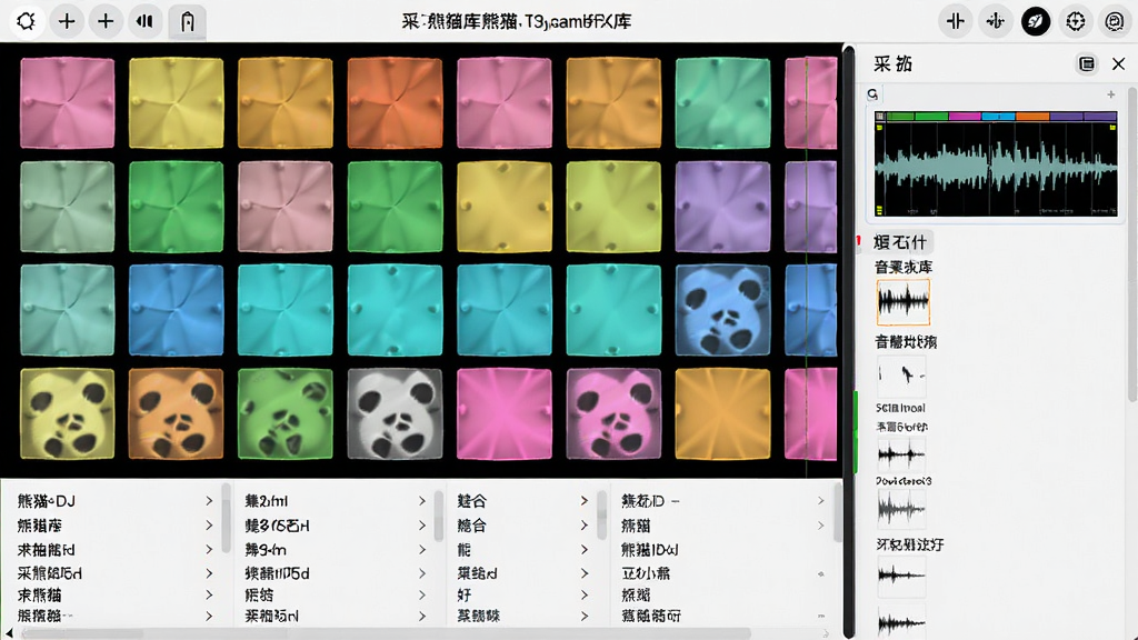 熊猫DJ采样器与音效库界面预览图,主体为软件右侧面板展开的采样打击垫网格,每个垫片颜色鲜艳,下方列表展示多种音效名称,布局饱满,排版有序,风格活泼动感,细节包含波形缩略图,画质细腻干净,无多余元素