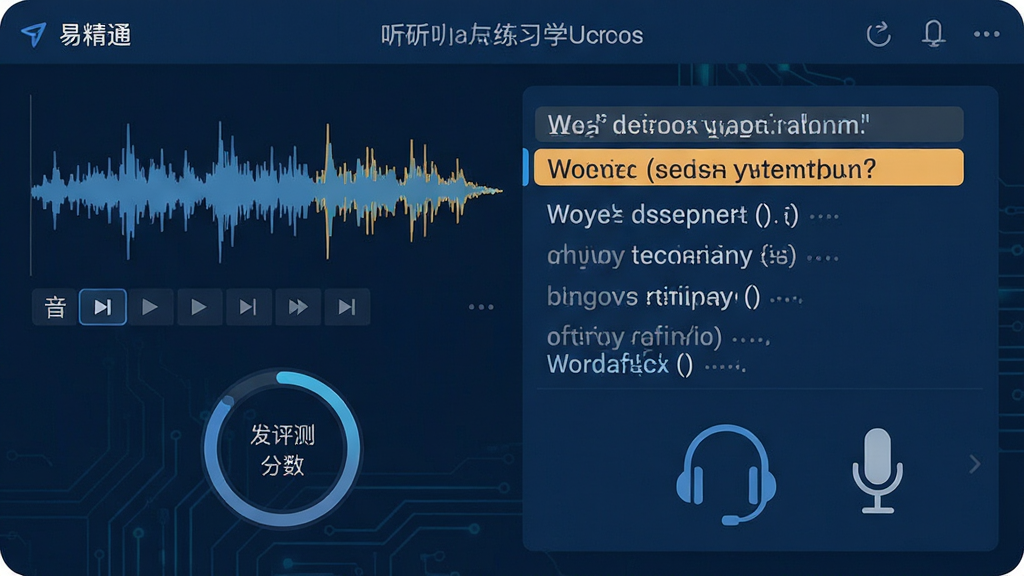 易精通看电影美剧学英语软件功能界面特写,图片主体为软件的音轨波形图与逐句文本对照区,当前句子被高亮标记,下方展示发音评测的分数圆圈,界面采用深蓝色科技感设计,字体清晰,布局合理,画面中还包括一个耳机图标和麦克风图标,代表听力与口语练习,整体风格扁平化,细节丰富,画质干净清晰
