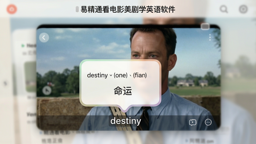 一张“易精通看电影美剧学英语软件”的截图,画面中央是电影《阿甘正传》的剧照,字幕中一个单词“destiny”上方弹出了一个精美的悬浮卡片,卡片上清晰标注着音标和中文解释“命运”,界面背景虚化,突出悬浮词典的细节,卡片设计圆润,文字排版清晰,整体色调柔和,画质细腻,无多余元素
