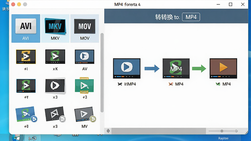 电脑桌面显示MP4格式转换器软件界面,左侧列出AVI、MKV、MOV等多种视频格式图标,右侧显示转换至MP4的流程示意图,界面清晰,现代扁平设计风格,明亮色调,细节精致,画质干净,无多余元素