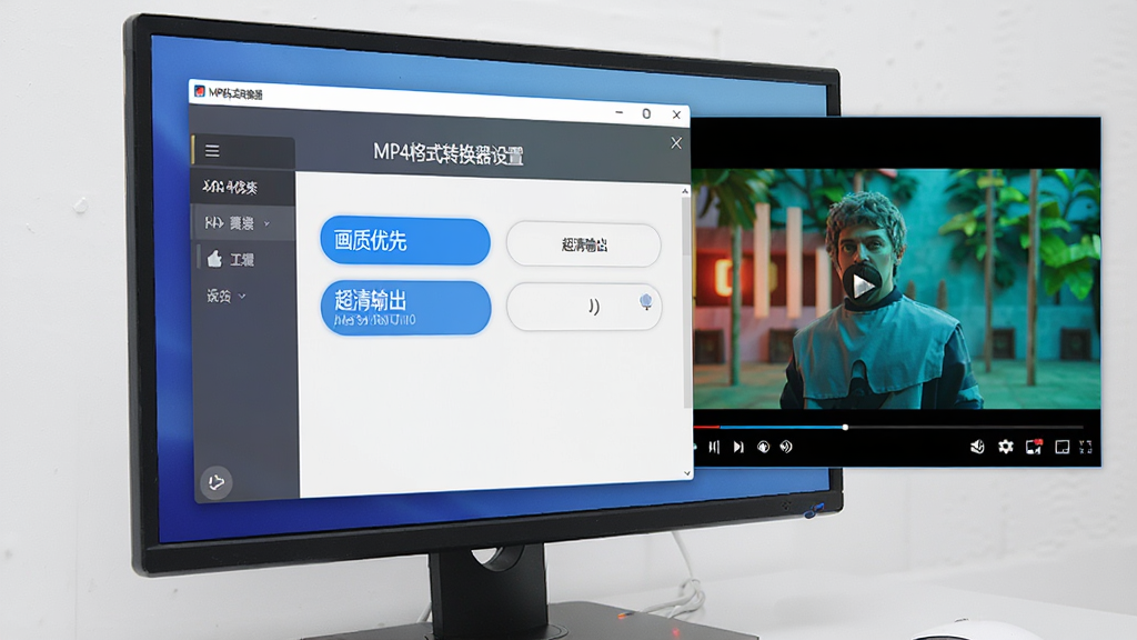 电脑屏幕显示MP4格式转换器设置面板,突出“画质优先”和“超清输出”选项,背景有高清视频播放画面,色彩鲜艳,界面直观,科技感设计风格,光线均匀,细节丰富,画质干净,无多余元素