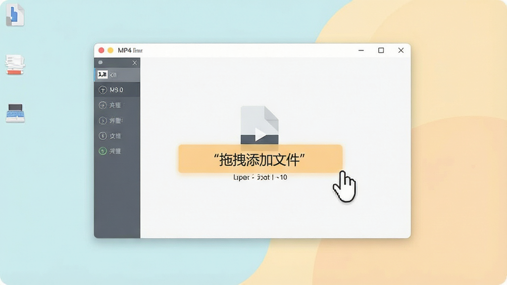 电脑桌面显示MP4格式转换器简洁操作界面,鼠标拖拽一个视频文件至软件窗口,窗口高亮提示“拖拽添加文件”,背景干净,柔和色调,扁平化设计,细节友好,画质干净,无多余元素