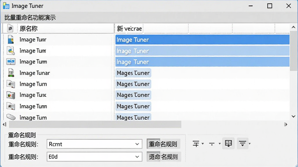 Image Tuner批量重命名功能演示,界面显示文件列表,每行带有原名称和新名称预览,下方有重命名规则设置栏,风格整洁,专业软件截图,画质清晰,无多余元素